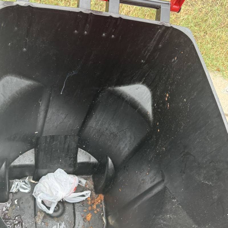 Trash bin before cleaning with leftover bags and residue